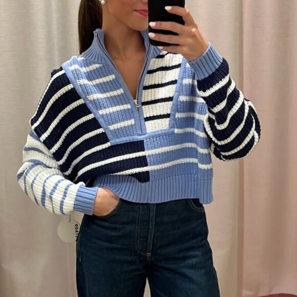 STAUD Striped Cowl Sweater in Blue and White - Picture 2 of 10